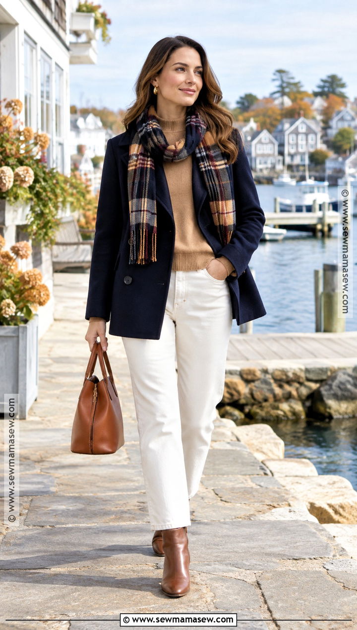 Peacoat and White Jeans Preppy Fall Outfit - 20 Preppy Outfits Fall