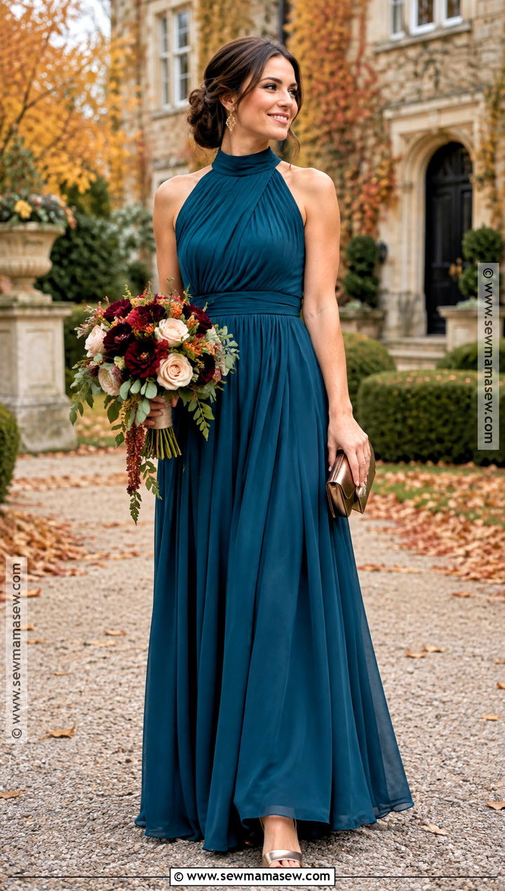 Peacock Blue High Neck Bridesmaid Dress - 20 blue bridesmaid dresses fall