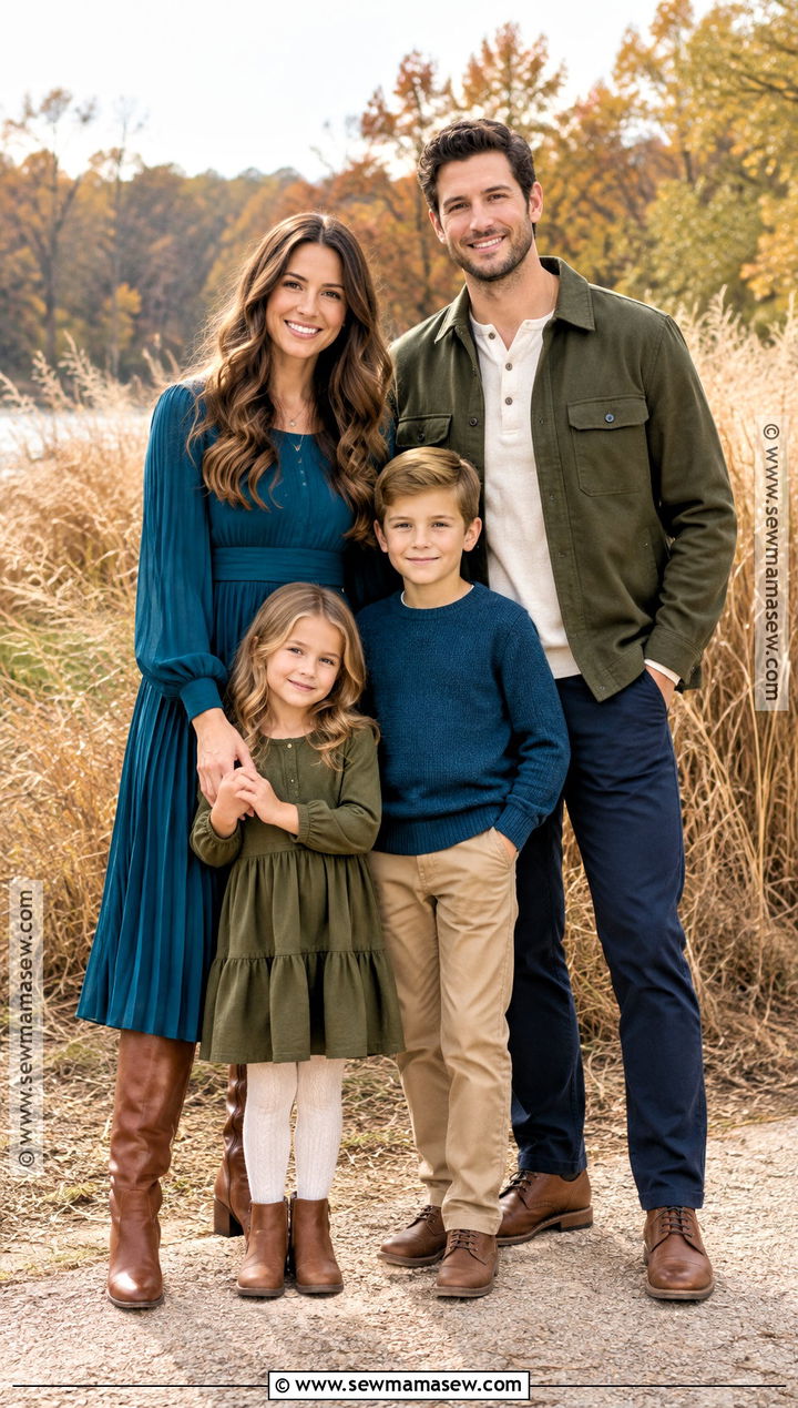 Peacock Blue and Olive Family Photo Outfits - 15 fall family pictures outfits jewel tones