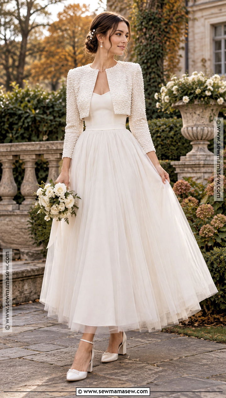 Pearl Bridal Jacket With Tulle Skirt - 15 Fall Wedding Jacket Brides Ideas