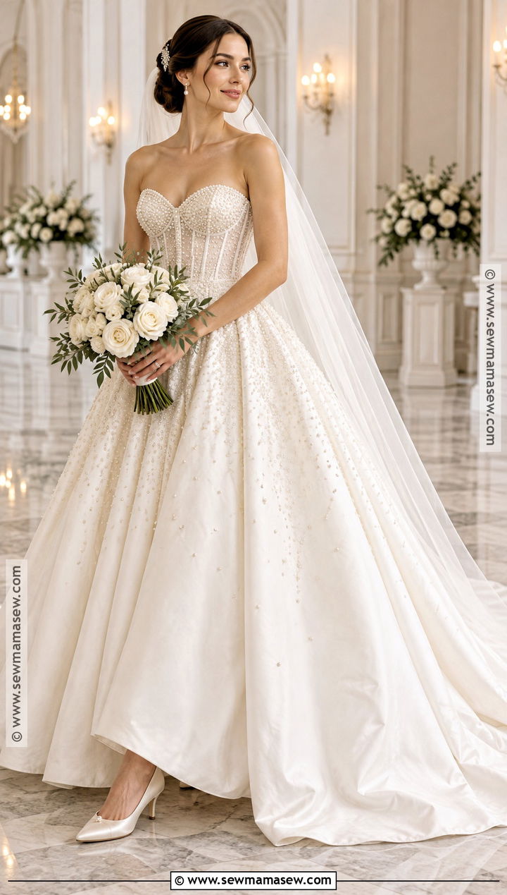 Pearl Embellished Fall Wedding Ballgown - 15 fall wedding dress ballgown ideas
