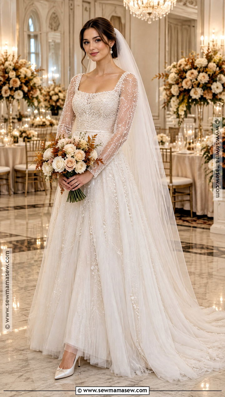 Pearl Embellished Fall Wedding Dress - 20 romantic fall wedding dress ideas