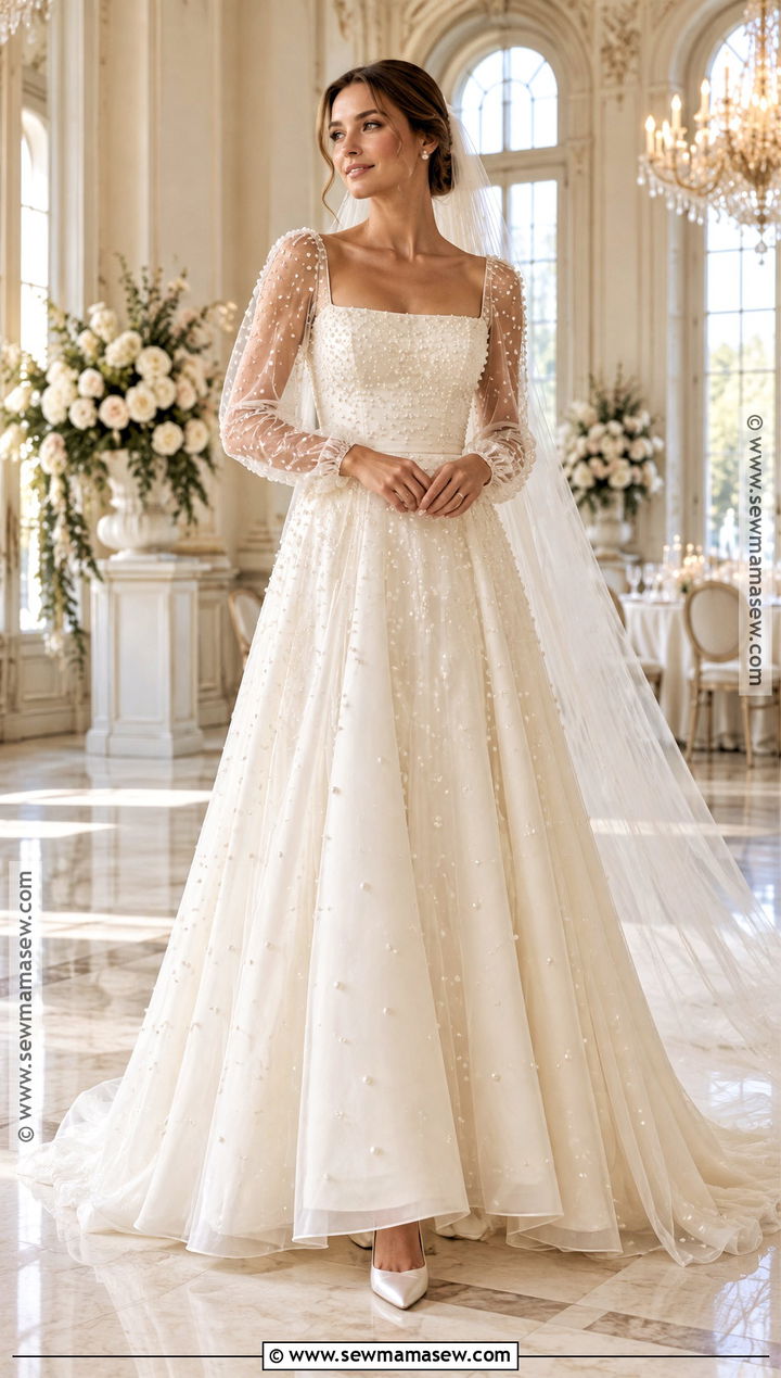 Pearl Embellished Fall Wedding Dress - 20 fall wedding dress ideas
