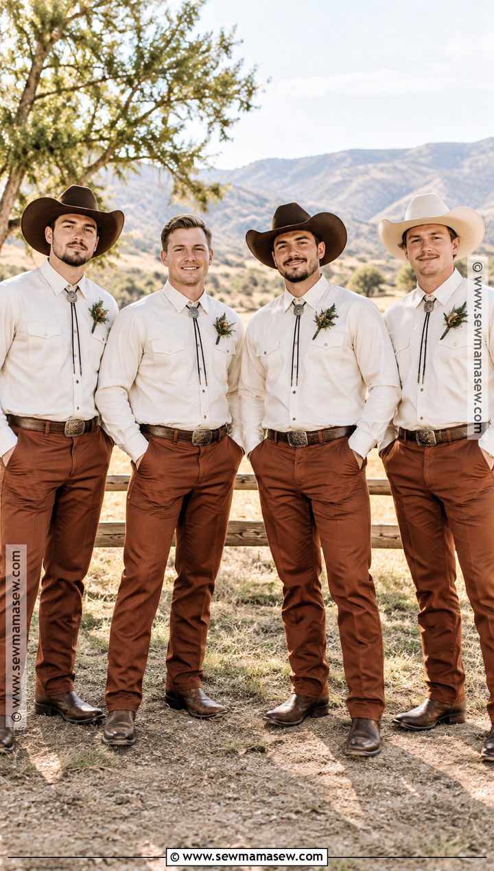 Pearl Snap Western Shirts With Rust Dress Pants - 15 fall western groomsmen attire ideas