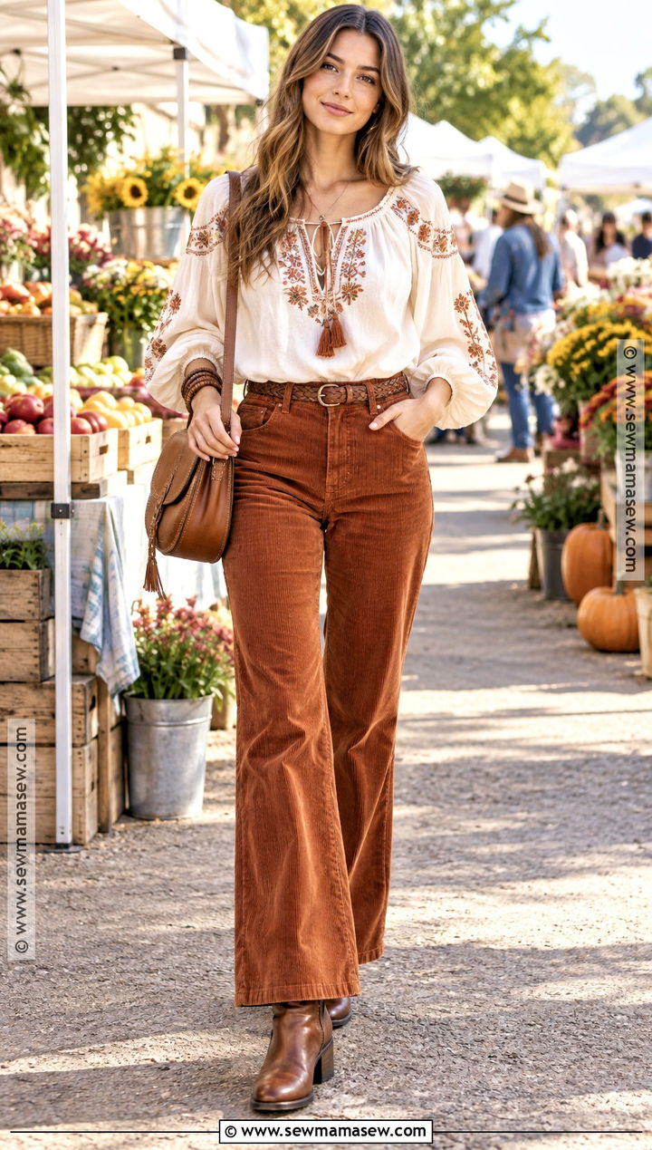 Peasant Blouse And Corduroy Pants Autumn Hippie Outfit - 20 autumn hippie outfits