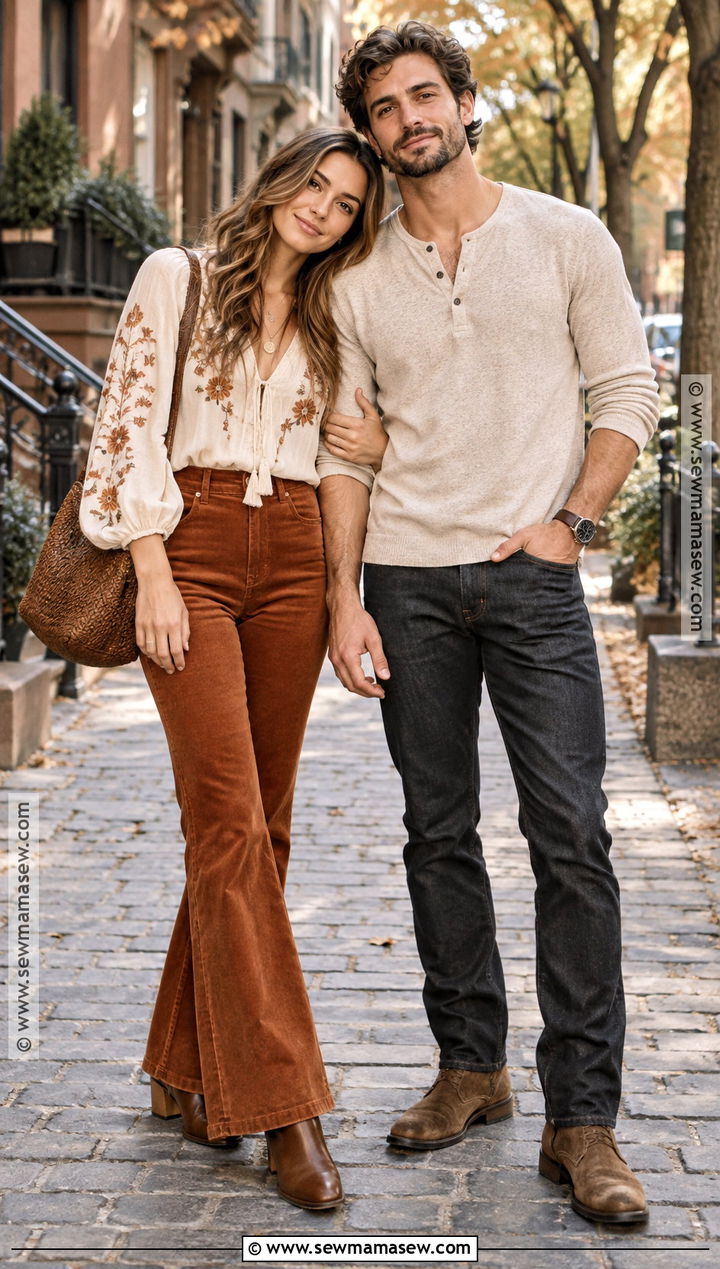 Peasant Blouse With Corduroy Flare Pants - 15 boho engagement photos outfits fall