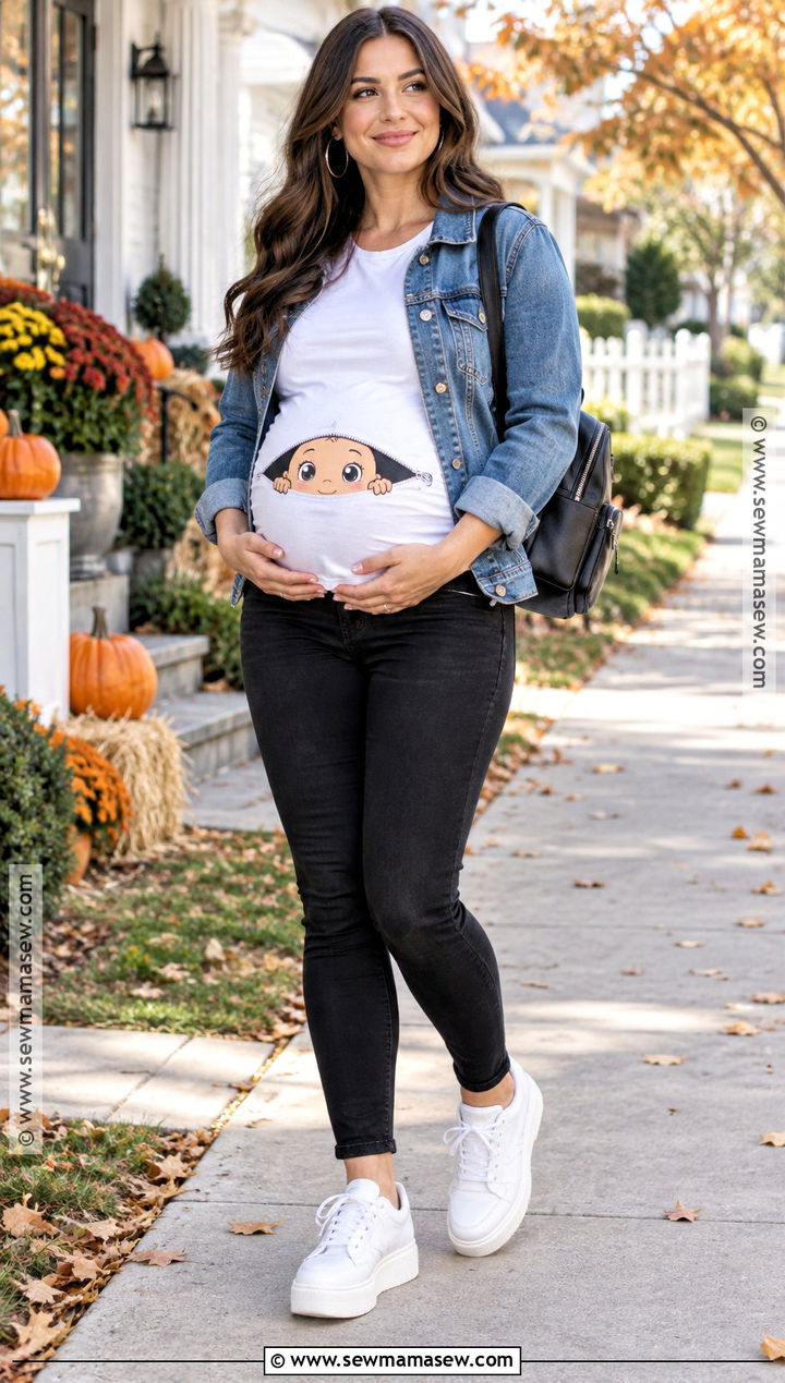 Peeking Baby Thanksgiving Shirt With A Denim Jacket - 15 thanksgiving shirts for pregnant for women