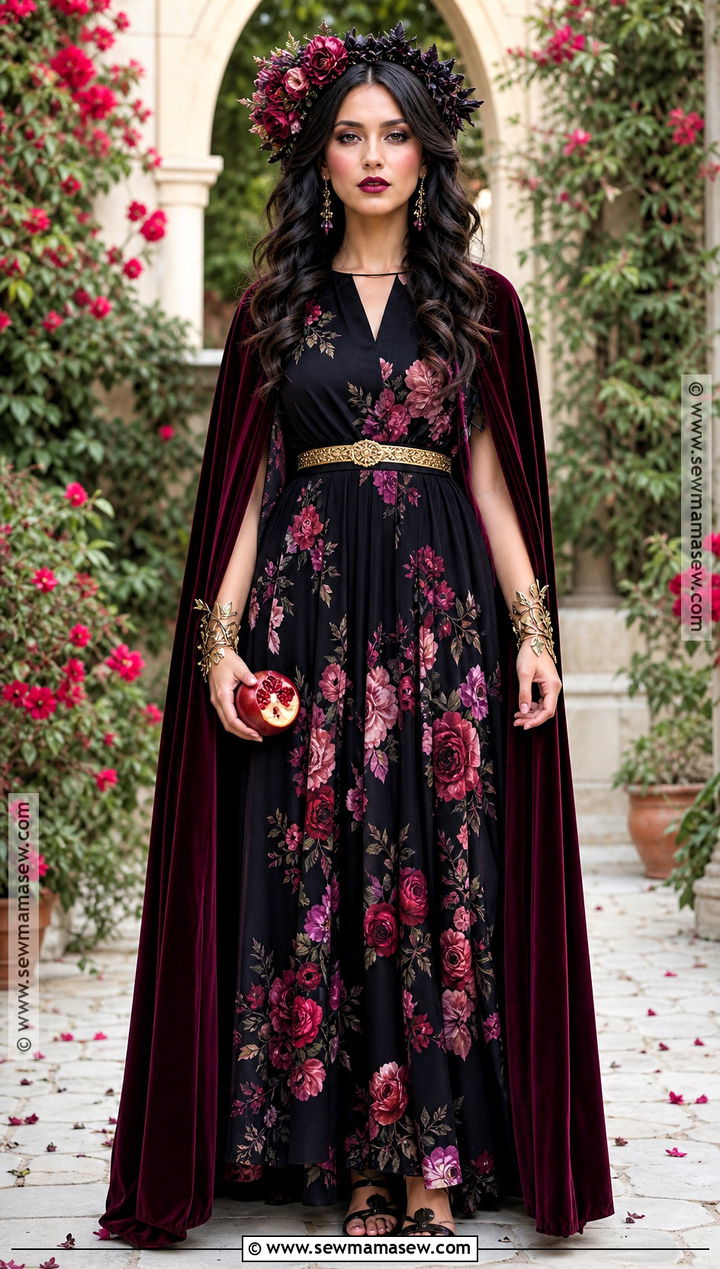 Persephone Greek Goddess Costume With Floral Black Dress - 30 greek gods costume ideas