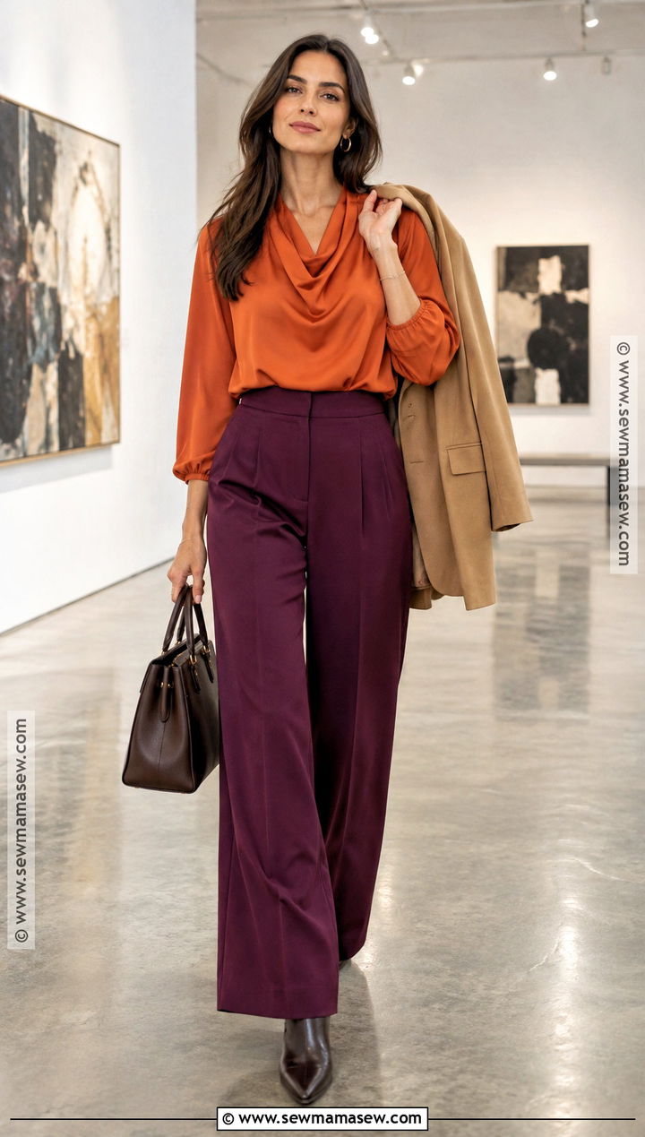 Persimmon Top With Plum Trousers - 15 Fall Pop Of Color Outfit Ideas
