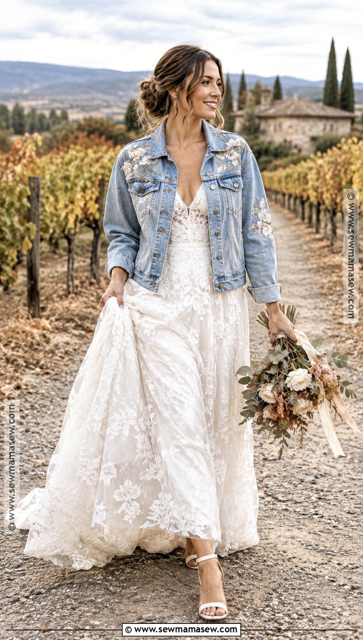 Personalized Denim Bridal Jacket With Lace Dress - 15 Fall Wedding Jacket Brides Ideas