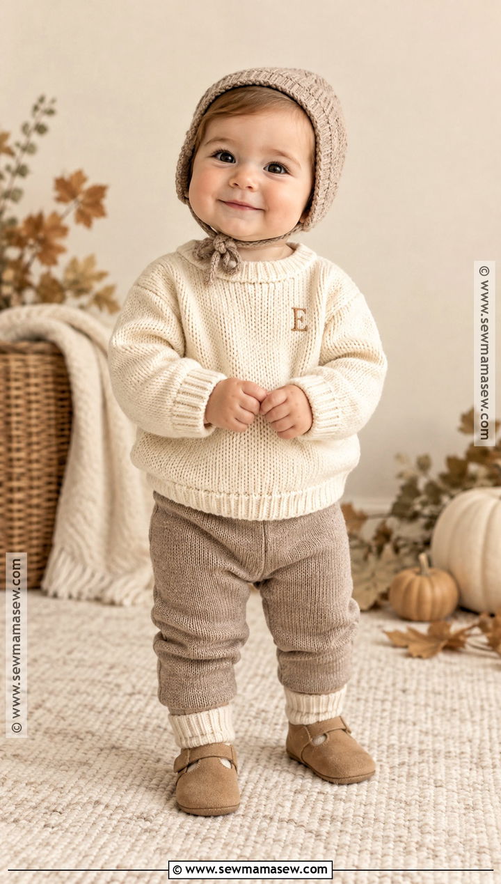 Personalized Knit Baby Sweater With Neutral Pants - 15 Knit Baby Sweater Fall Style Ideas