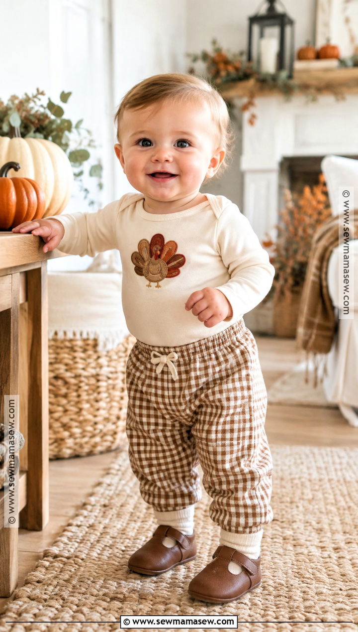 Personalized Turkey Shirt and Gingham Pants - 15 first thanksgiving outfit ideas for boys