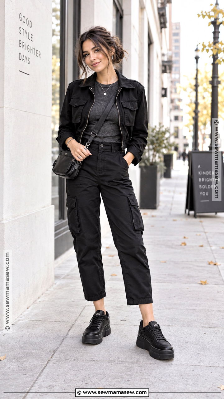 Petite Cargo Pants With Cropped Jacket And Platform Sneakers - 20 fall cargo pants outfit for women