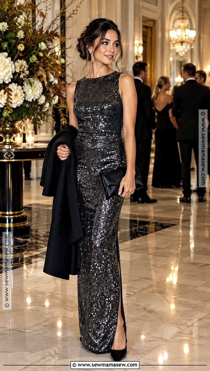 Petite Charcoal Sequin Column Dress - 15 Petite Wedding Guest Dress Fall Ideas