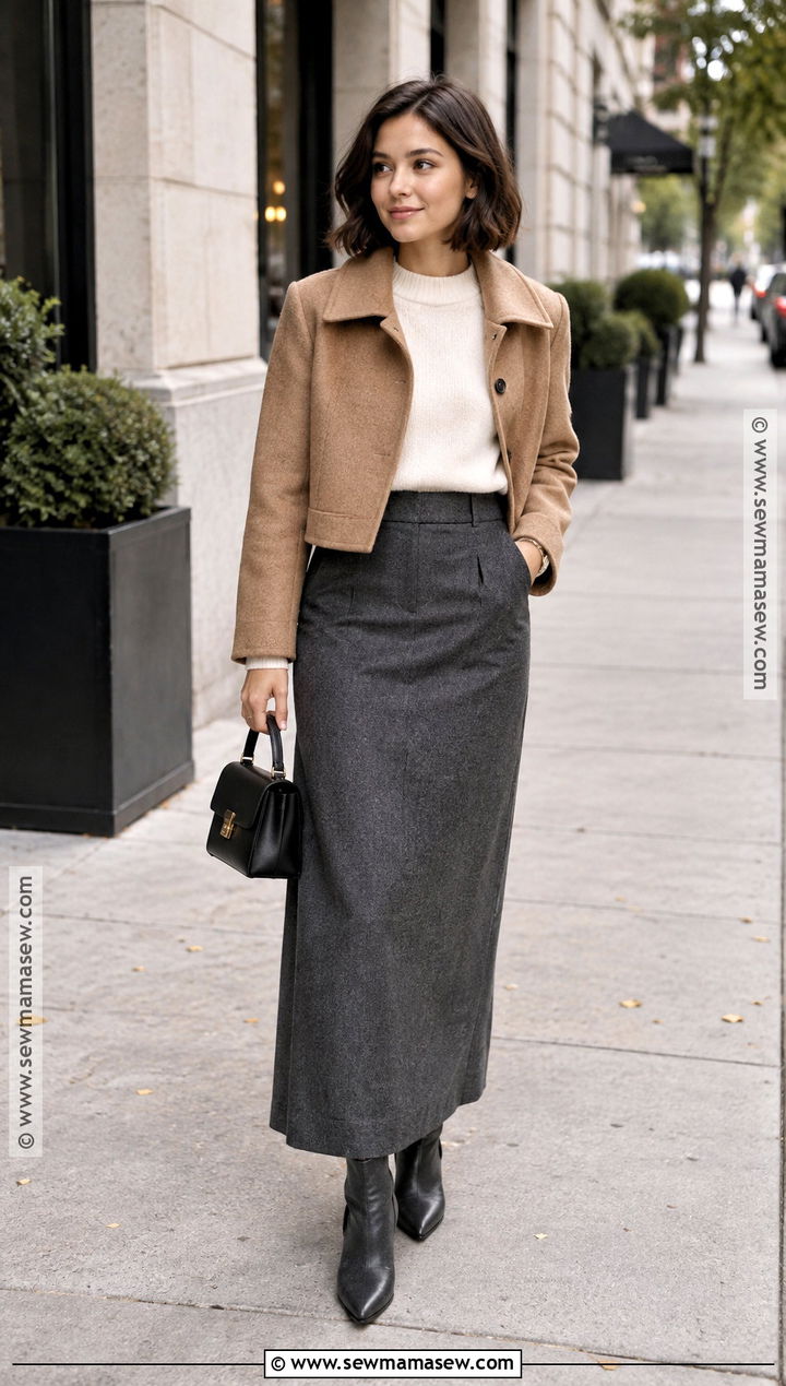 Petite Long Skirt Outfit With Cropped Sweater - 25 fall outfits long skirt