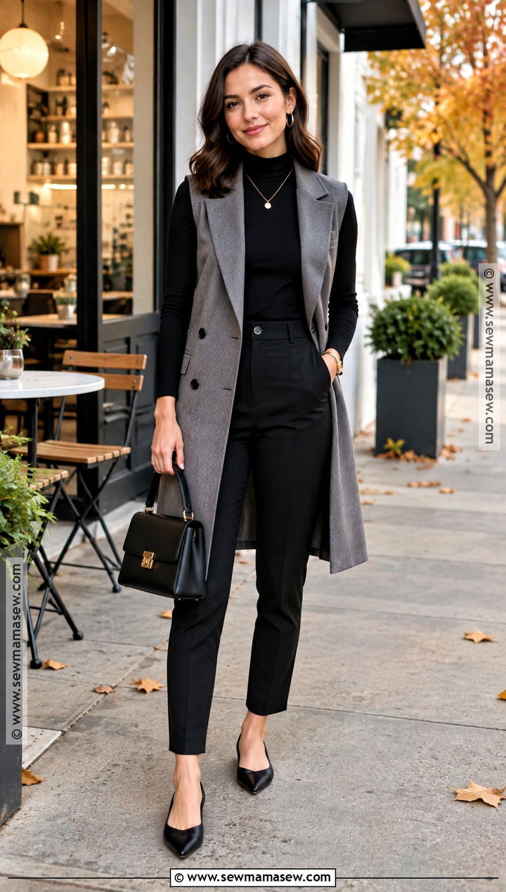 Petite Long Vest With Fitted Top And Ankle Pants - 20 Long Vest Outfit Fall Ideas