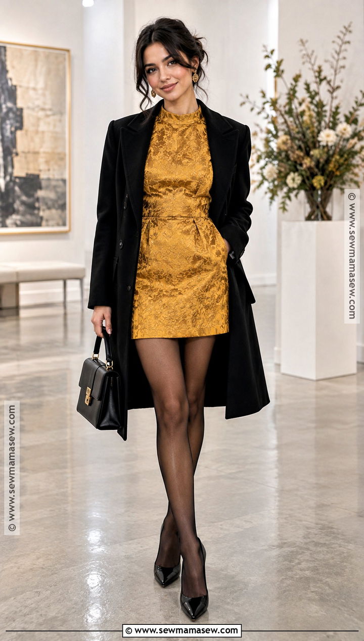 Petite Mustard Jacquard Mini Dress - 15 Petite Wedding Guest Dress Fall Ideas