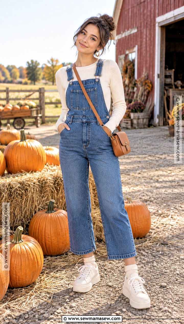 Petite Overalls With Fitted Sweater And Platform Sneakers - 20 Pumpkin Patch Outfit Overalls