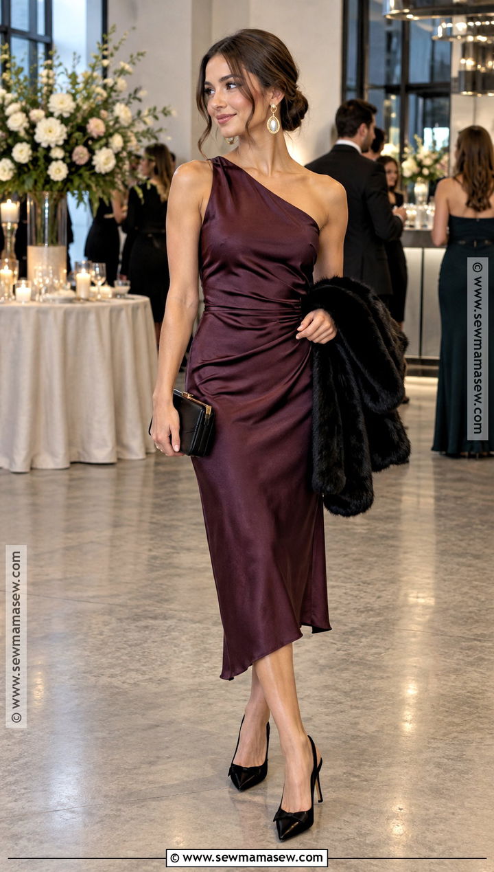 Petite Plum One Shoulder Midi Dress - 15 Petite Wedding Guest Dress Fall Ideas