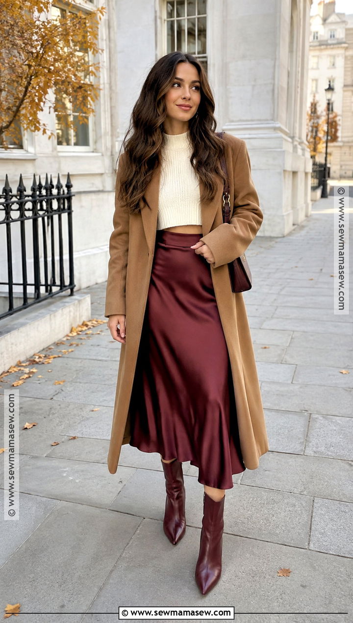 Petite Satin Skirt With Cropped Sweater And Pointed Boots - 25 satin skirt fall outfit ideas