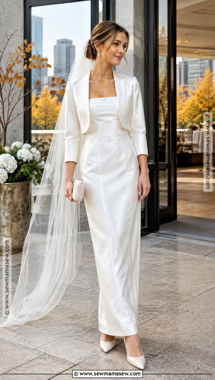 Petite Sheath Bridal Gown With Cropped Jacket - 20 fall bridal outfits