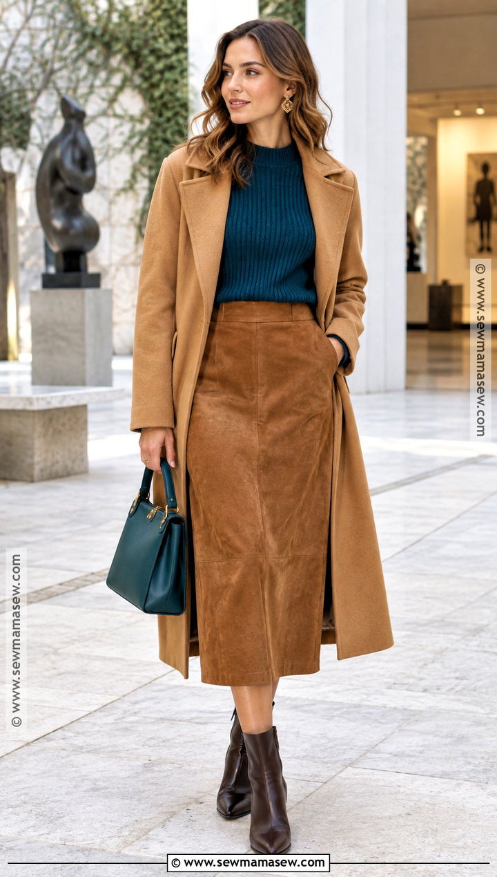 Petrol Blue Sweater With Caramel Skirt - 20 autumn colour palette clothes
