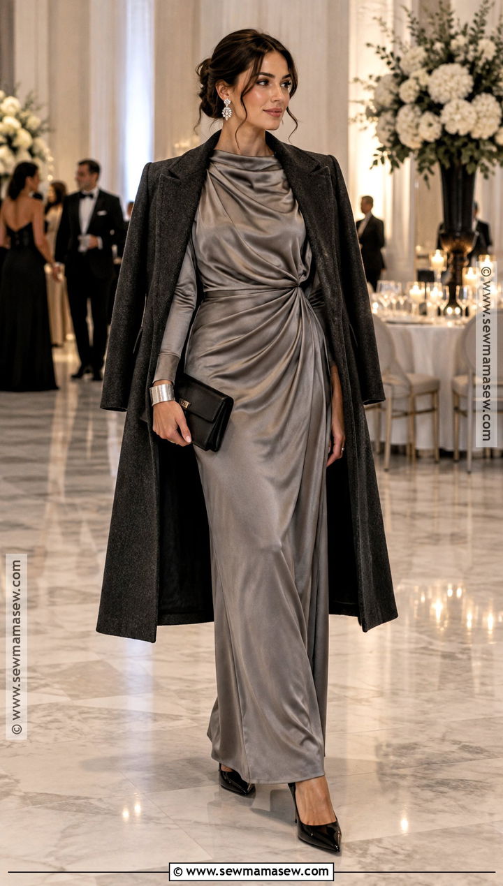 Pewter Draped Maxi Dress For A November Wedding - 25 november wedding guest outfits