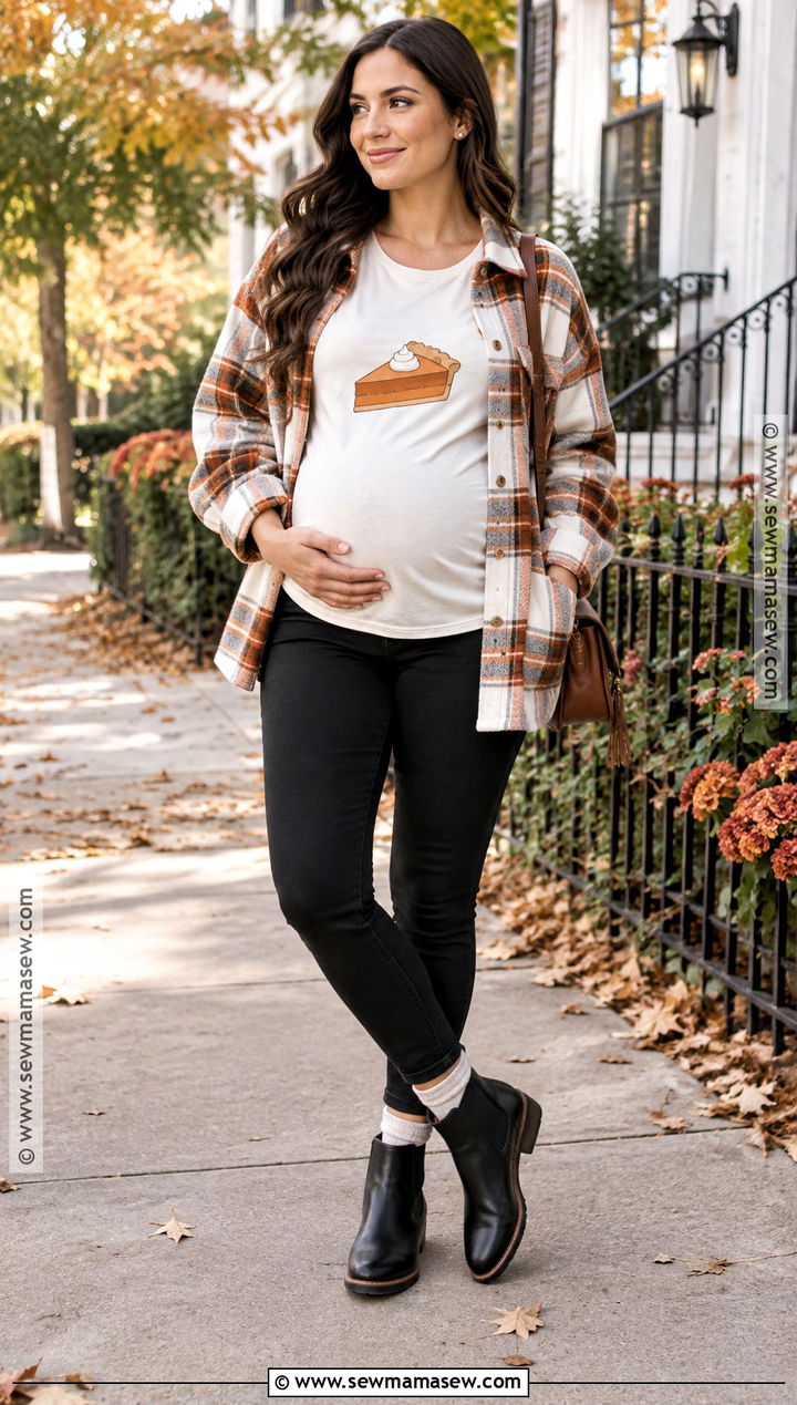 Pie For Two Maternity Shirt With A Plaid Shacket - 15 thanksgiving shirts for pregnant for women