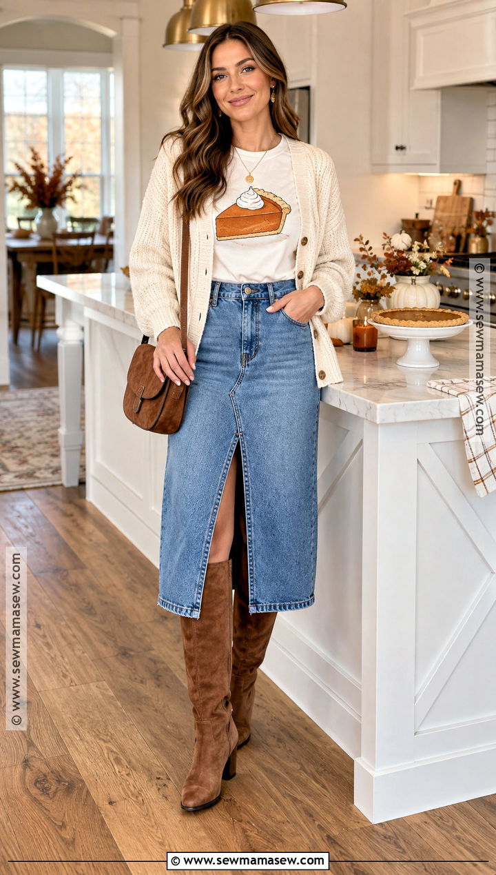 Pie Graphic Thanksgiving T Shirt With Denim Skirt - 20 Thanksgiving Tshirt Ideas