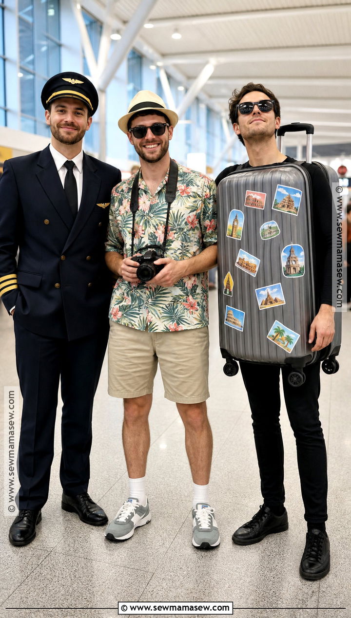 Pilot Tourist And Luggage Travel Trio Costume - 30 Trio Halloween Costumes for Men