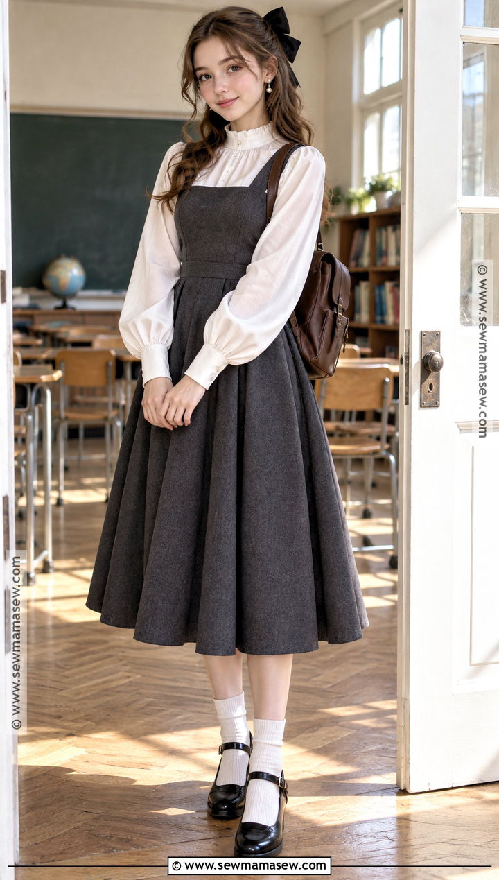 Pinafore Dress And Puff Sleeve Blouse Coquette Outfit - 15 Back To School Outfits Coquette