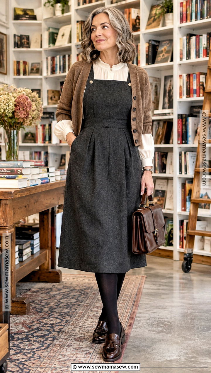 Pinafore Dress With Blouse And Loafers - 25 autumn outfits dress