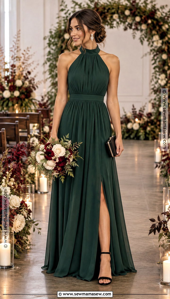 Pine Green High Neck Bridesmaid Dress - 15 fall wedding bridesmaid dresses green