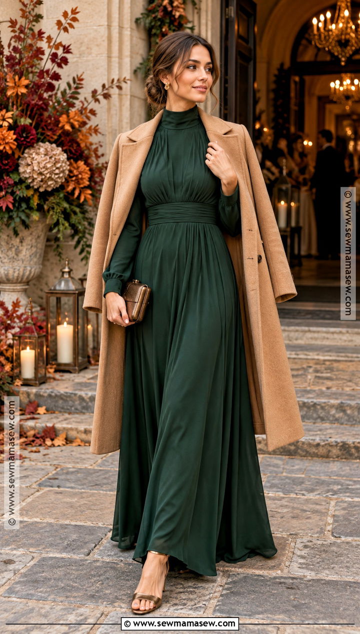 Pine Green High Neck Maxi Dress - 15 Green Fall Wedding Guest Dress Ideas