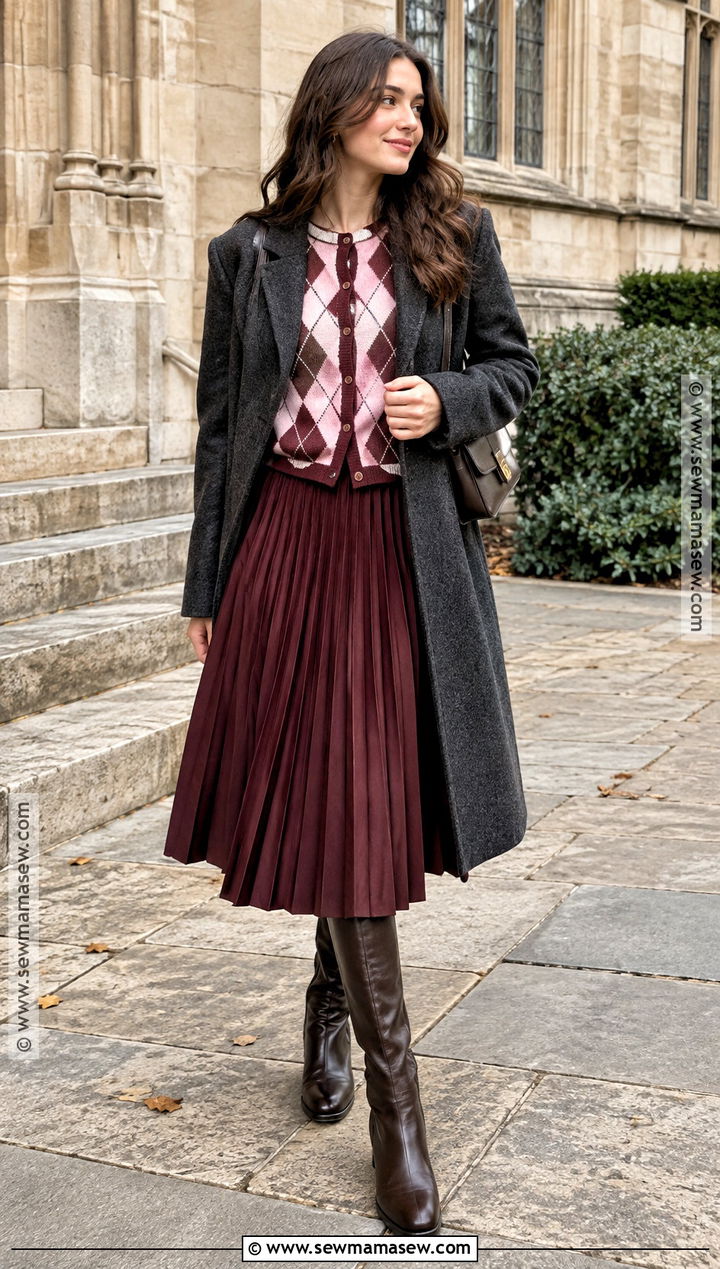 Pink Argyle Knit With Burgundy Skirt - 15 fall fashion pink knit ideas