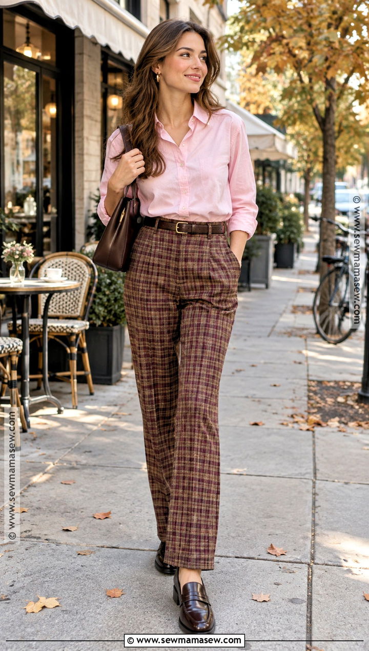 Pink Button Down Shirt With Plaid Pants - 15 Pink Top Fall Outfit Ideas