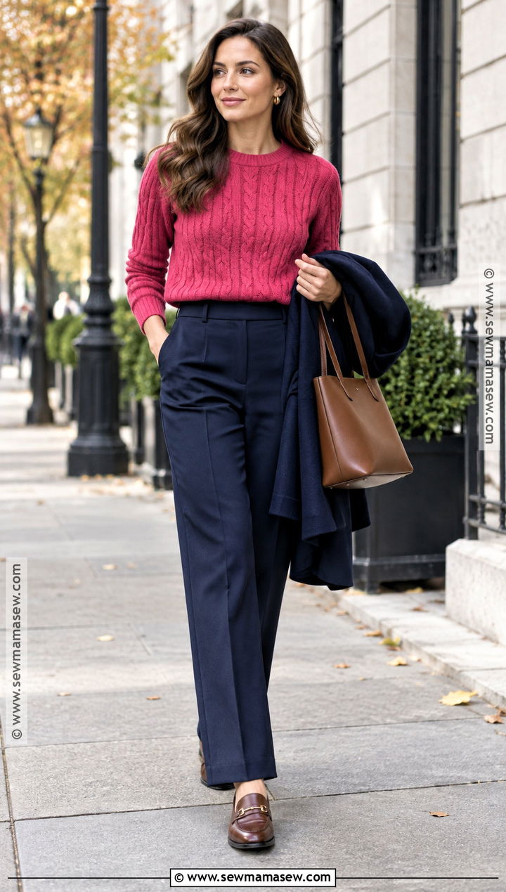Pink Cable Knit And Navy Trousers Autumn Outfit - 25 pink autumn outfit ideas