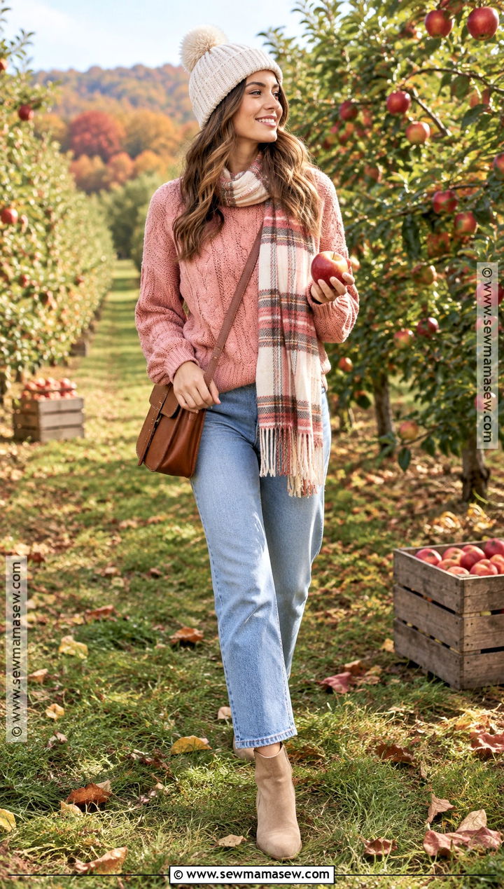 Pink Cable Knit Sweater With Light Wash Jeans - 15 pink fall aesthetic outfits