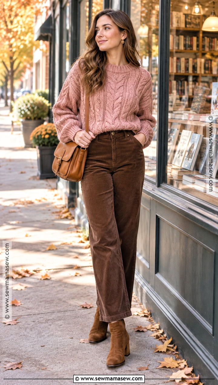 Pink Cable Knit Sweater and Corduroy Pants Outfit - 25 pink fall outfits