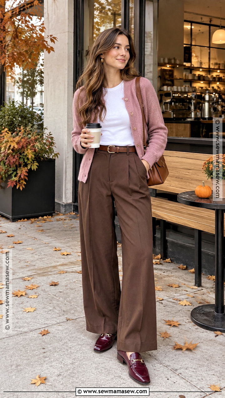 Pink Cardigan and Brown Trousers Outfit - 25 pink fall outfits
