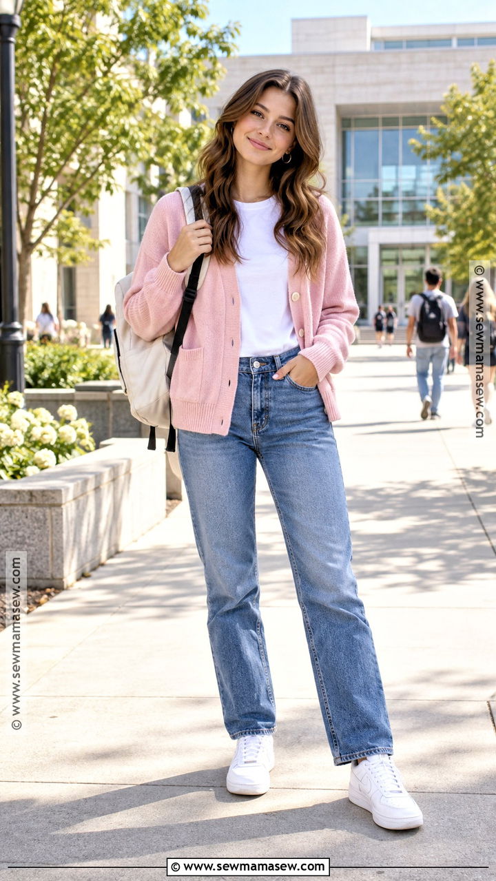 Pink Cardigan and Straight Leg Jeans Outfit - 20 pink back to school outfits