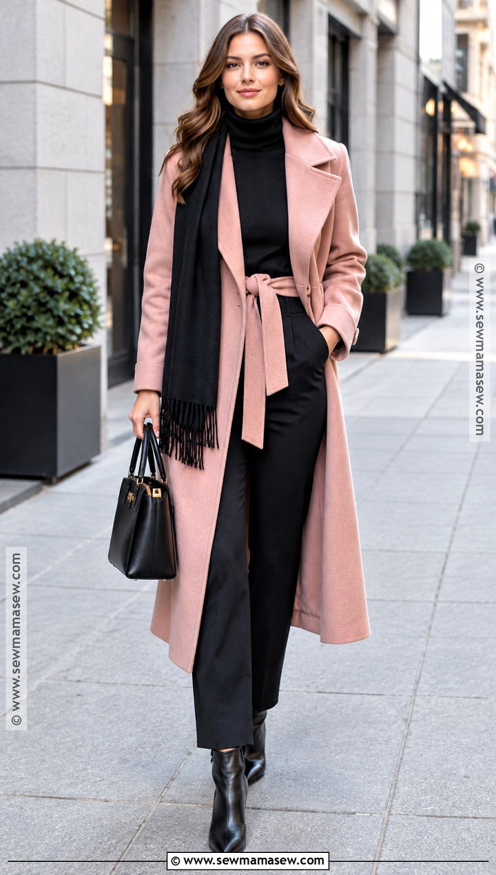 Pink Coat And Black Turtleneck Fall Outfit - 15 fall fashion black and pink ideas