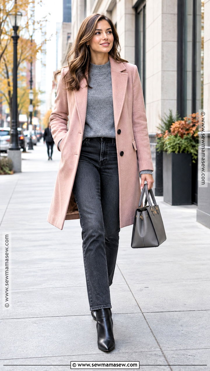 Pink Coat And Gray Knit Autumn Outfit - 25 pink autumn outfit ideas