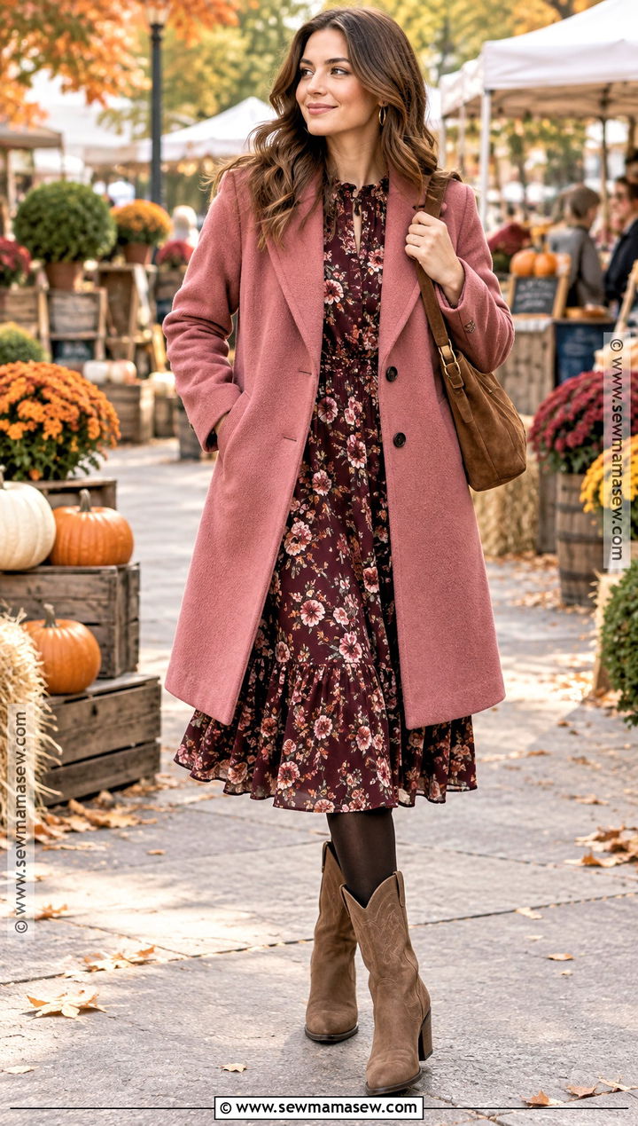 Pink Coat With A Floral Dress And Western Boots - 15 autumn pink coat style ideas