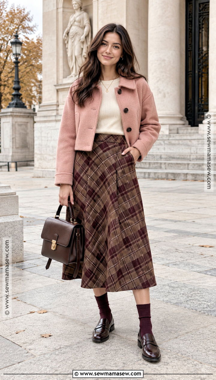 Pink Coat With A Plaid Skirt And Loafers - 15 autumn pink coat style ideas