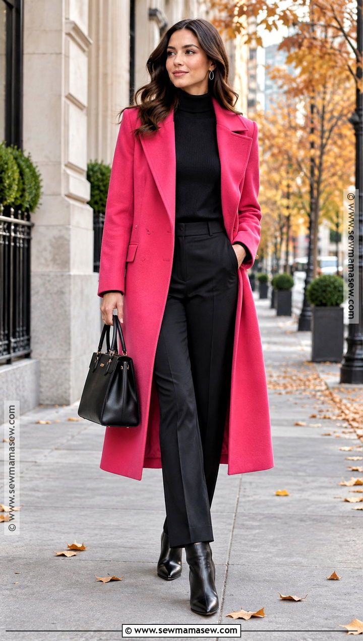 Pink Coat With An All Black Outfit - 15 autumn pink coat style ideas