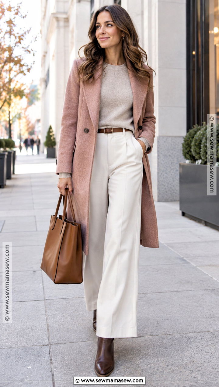 Pink Coat With Cream Wide Leg Trousers - 15 autumn pink coat style ideas