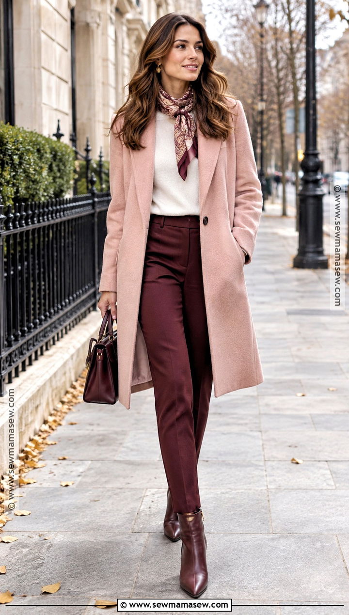 Pink Coat and Burgundy Pants Outfit - 15 Pink Fall Fashion Ideas