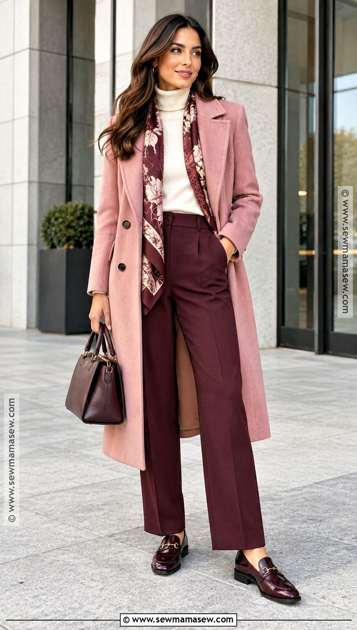 Pink Coat and Burgundy Trousers Autumn Outfit - 25 colourful autumn outfits