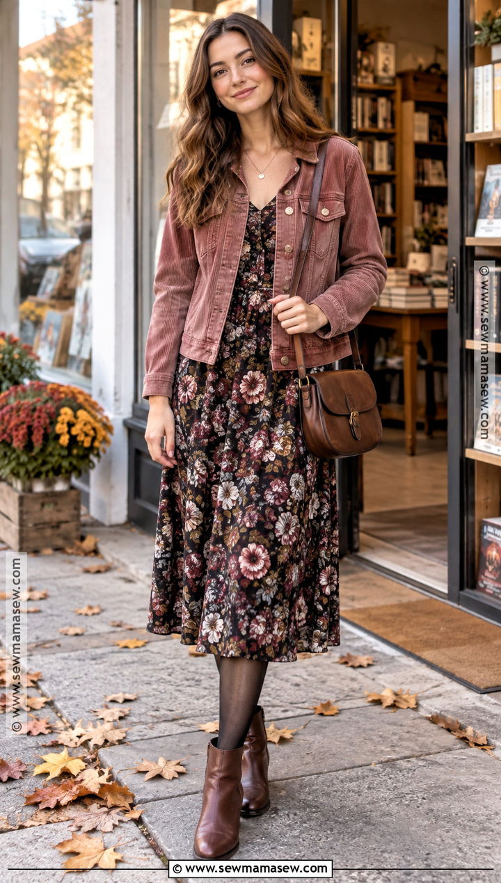 Pink Corduroy Jacket With Floral Midi Dress - 15 autumn pink jacket ideas
